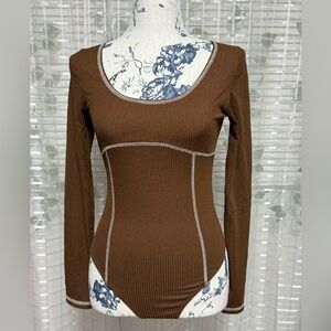 Brown Ribbed Fitted Bodysuit